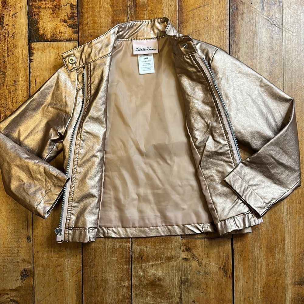 Little Lass 24 months Jacket faux leather Moto bronze metallic utility bomber - Picture 4 of 6